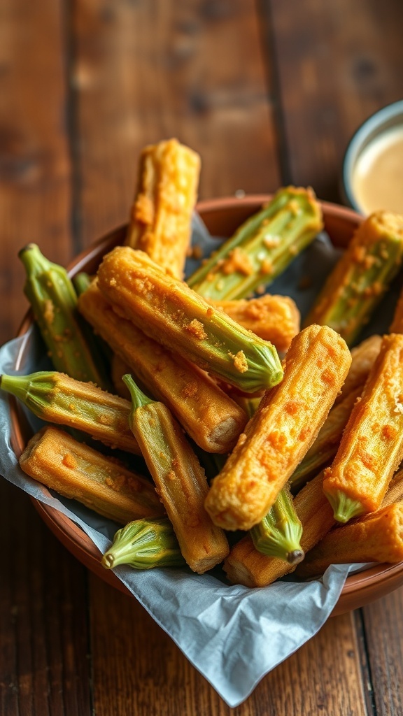 Crispy air-fried okra in a bowl, garnished and served with dipping sauce on a wooden table.